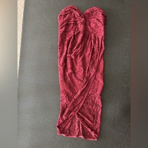 Burgundy lace strapless cocktail dress